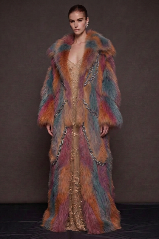 Multi Chained Faux Fur Coat