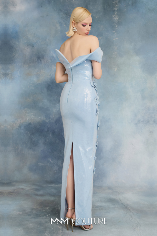 Off-Shoulder Sequin Gown with Floral Appliqué