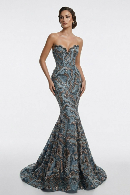 Fully Beaded Wavy Sweetheart Mermaid Gown