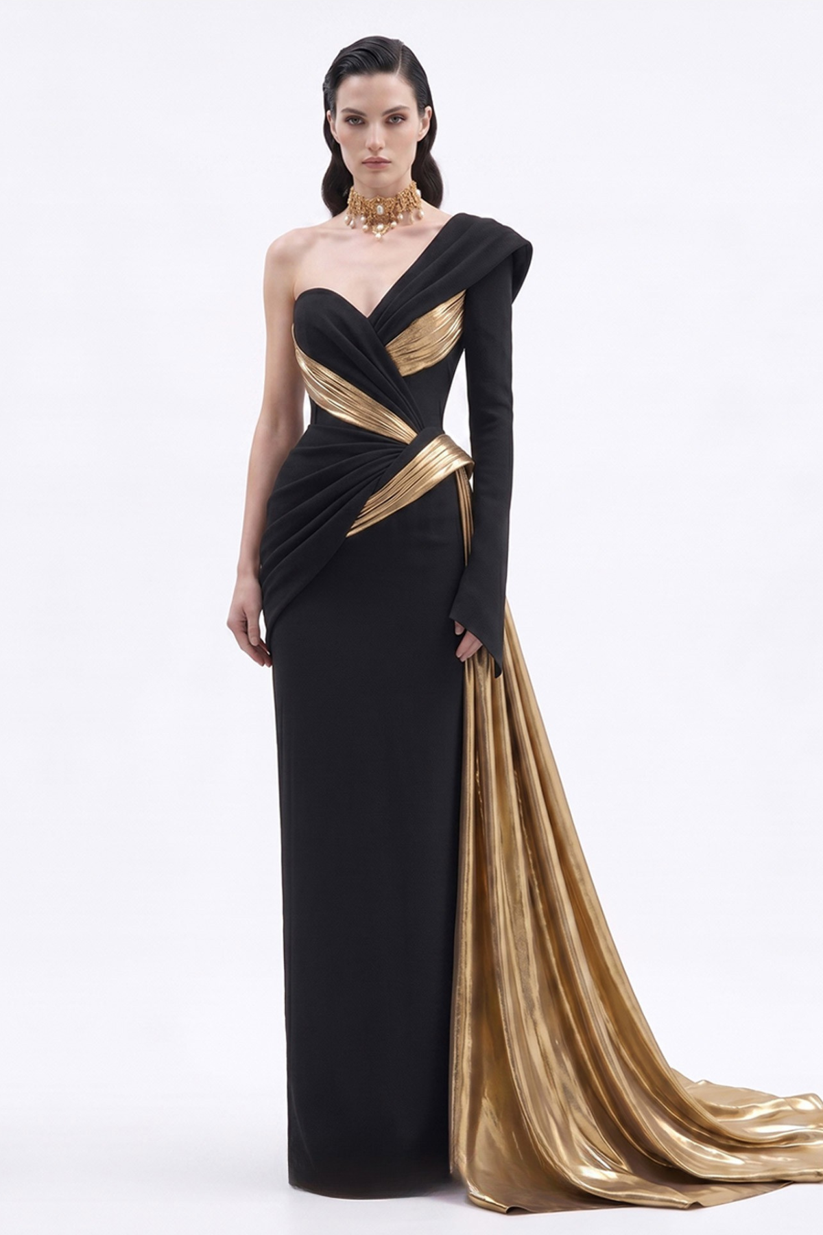One-Shoulder Draped Metallic Gown
