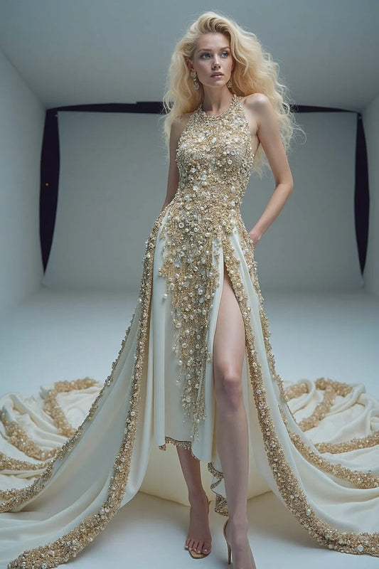 Embellished High-Low Sleeveless Gown